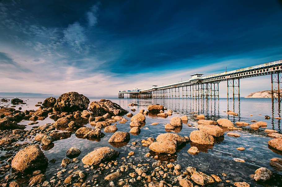 Scenic View of Ocean, bay, beach, blue sky, dawn, dock, environment HD wallpaper