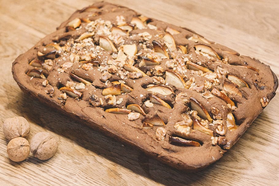 pastry with pecan seed toppings, plant, food, bread, confectionery HD wallpaper