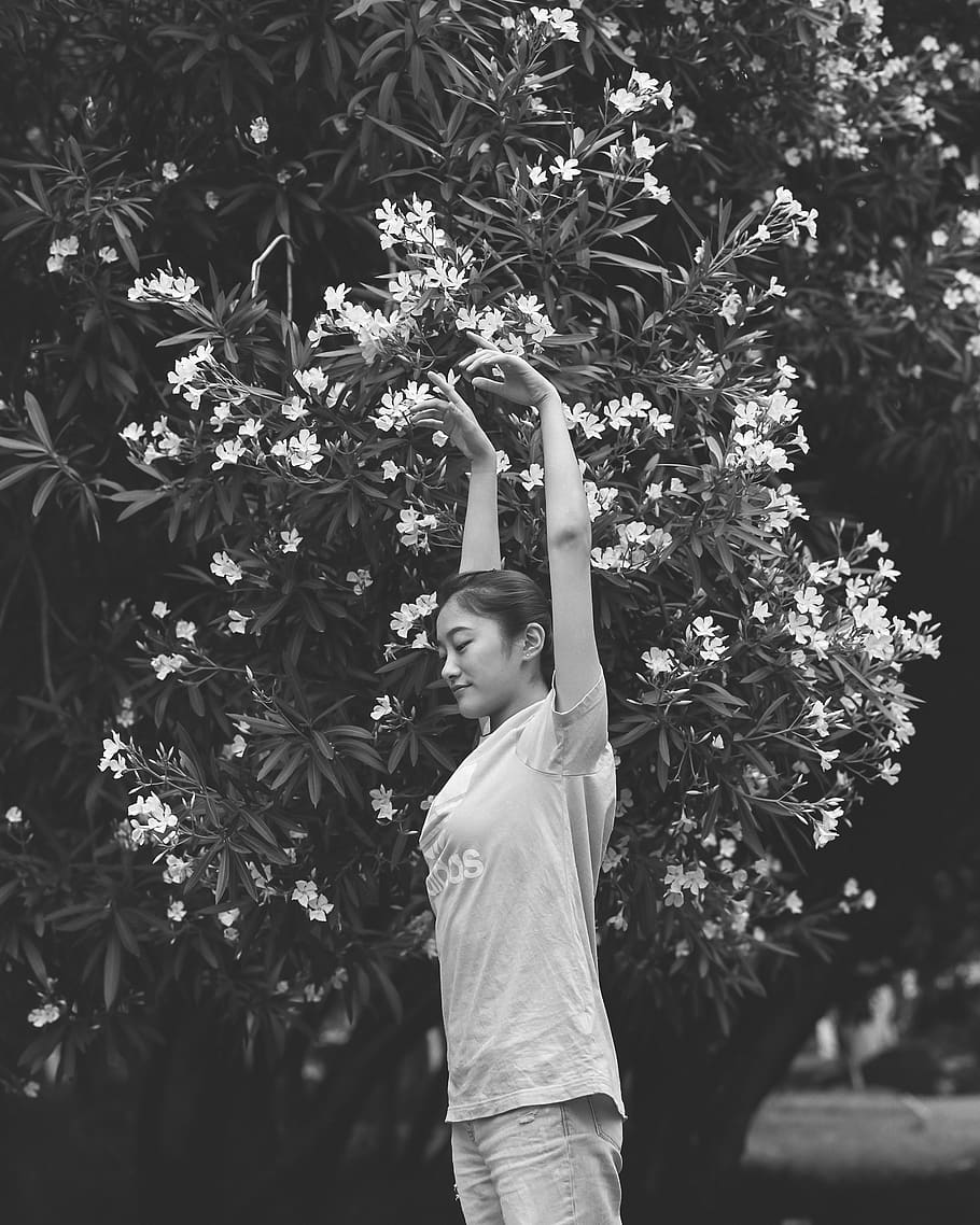 Hd Wallpaper Grayscale Photography Of Woman Standing Beside Flowering Plant Wallpaper Flare 0885