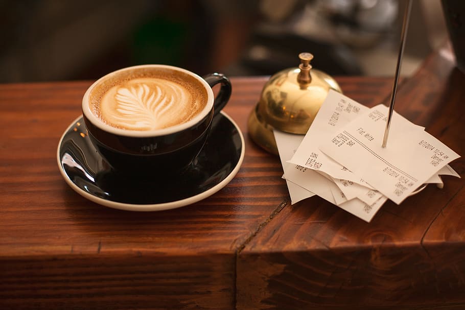 coffee, cup, receipt, counter, latte, bell, drink, mug, coffee - drink HD wallpaper