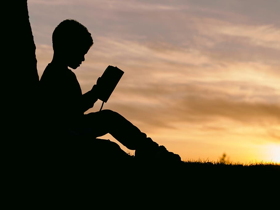 people, man, kid, boy, child, read, book, sunset, silhouette HD wallpaper