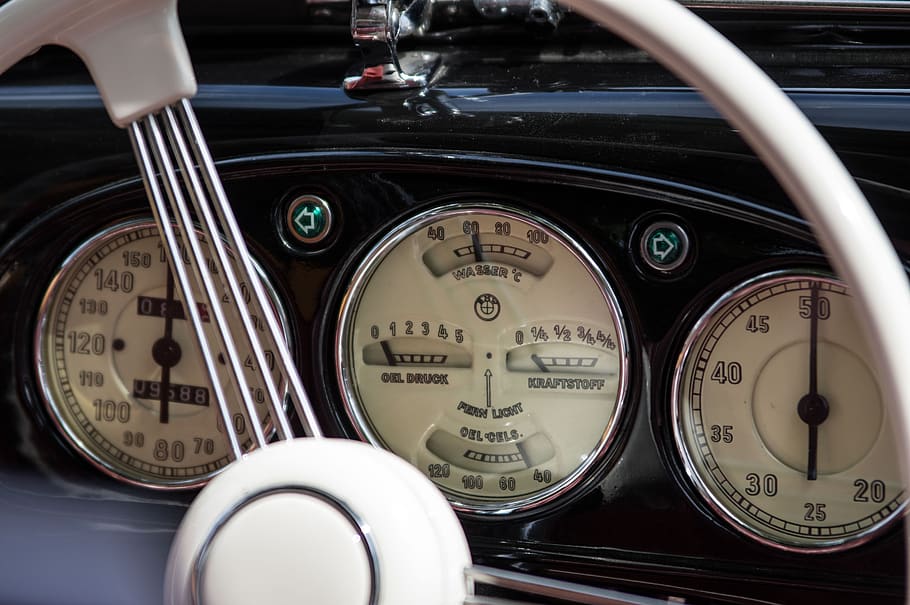 instrument, gauge, auto, dashboard, bmw, oldtimer, steering wheel