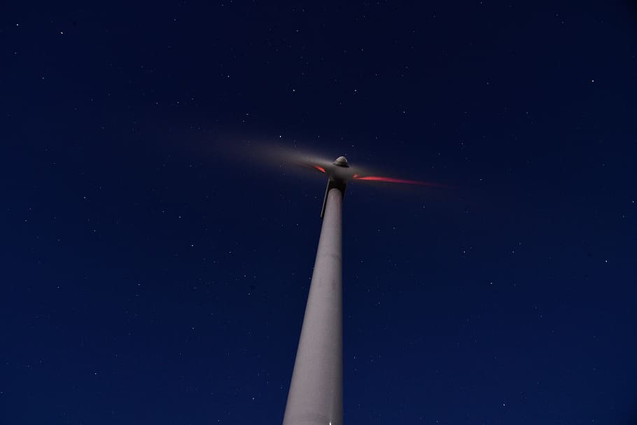 low angle photography of wind turbine, night, star, perspective HD wallpaper