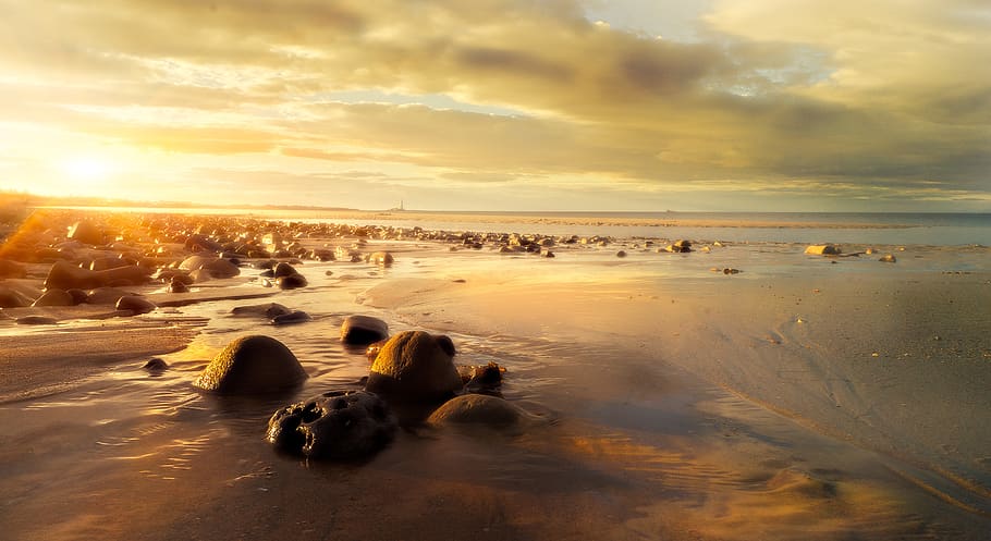 Photo of Rocky Shore During Dusk, beach, clouds, cloudy, dawn HD wallpaper