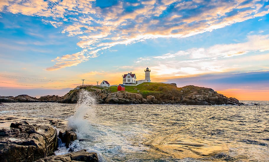 lighthouse on islet, water, sea, sky, built structure, cloud - sky HD wallpaper