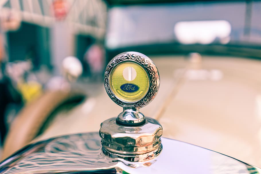 radiator, car, oldtimer, temperature, ford, yellow, focus on foreground HD wallpaper