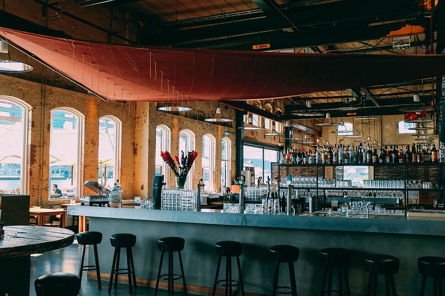 selective focus photography of empty bar isle, pub, counter, interior HD wallpaper