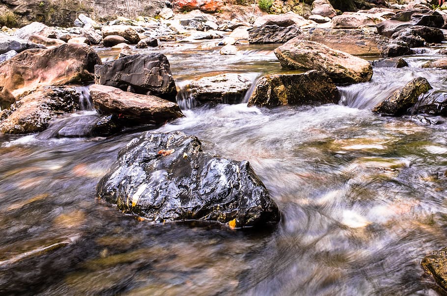 creek, moss, fall, landscape, flow, brook, natural, green, rock, HD wallpaper