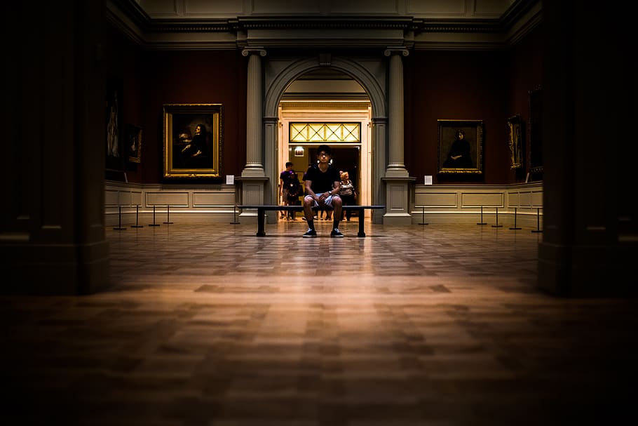 people, man, sitting, alone, museum, building, establishment HD wallpaper