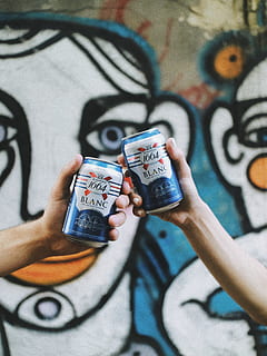 person holding blue and white can, beer, hand, cheers, graffit HD wallpaper
