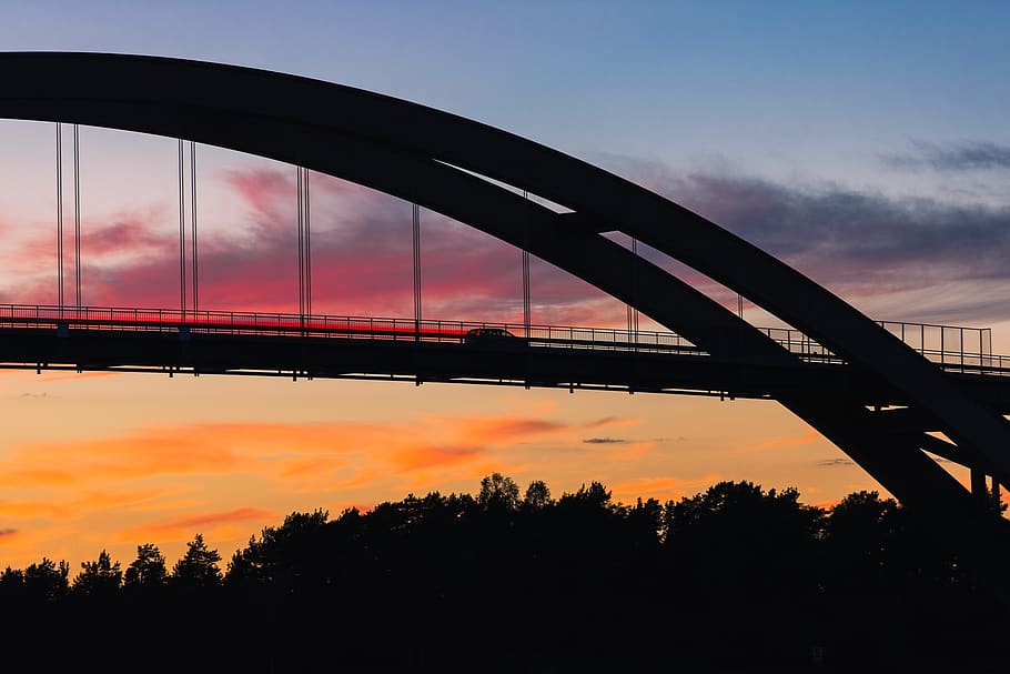 architecture, bridge, infrastructure, sky, clouds, sunset, trees HD wallpaper