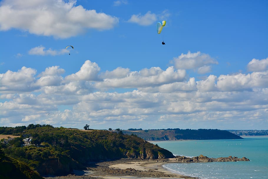seascape, panoramic views, cloudy blue sky, ocean, paragliding, HD wallpaper