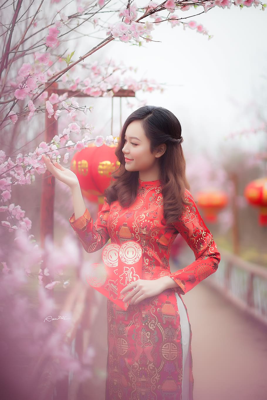 Woman Wearing Red Chinese Traditional Dress, beautiful, beauty