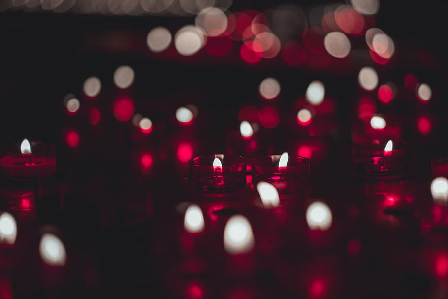 Close-Up Photo of Red Candles, 4k wallpaper, blur, burning, dark