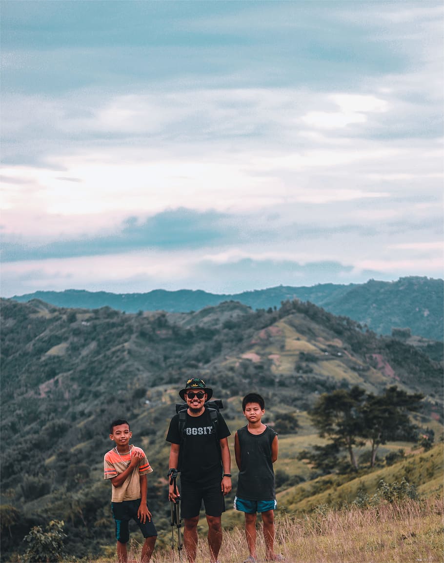 Three Man Taking Photo With Mountains at Distance, backpack, boys HD wallpaper