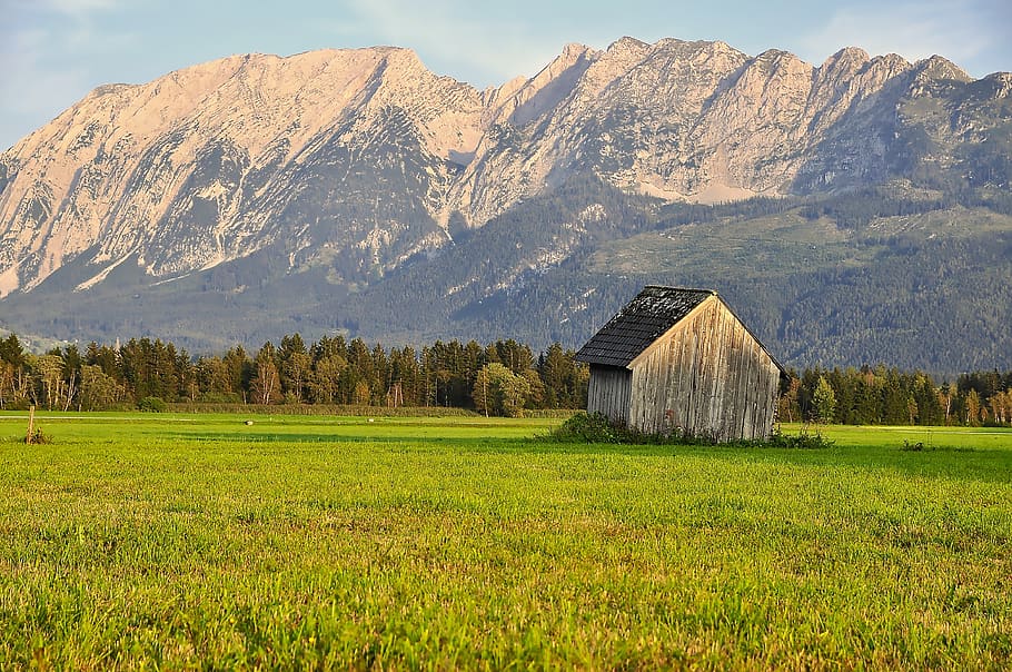nature, landscape, mountains, mountain world, hut, log cabin HD wallpaper