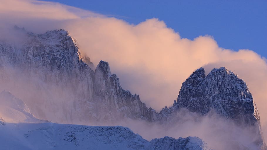 mountain, chamonix valley, drus, clouds, snow, winter, sky HD wallpaper