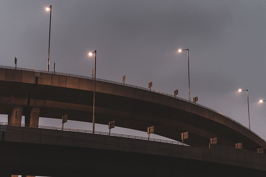 two flyover bridges, road, way, overpass, highway, light, signs, HD wallpaper