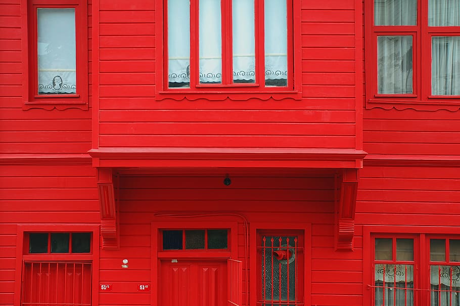 red wooden house, home decor, window, shutter, curtain, turkey, HD wallpaper