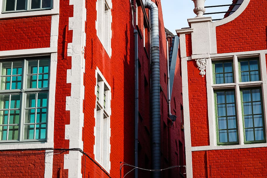 red and white painted concrete building, home decor, window, belgium, HD wallpaper