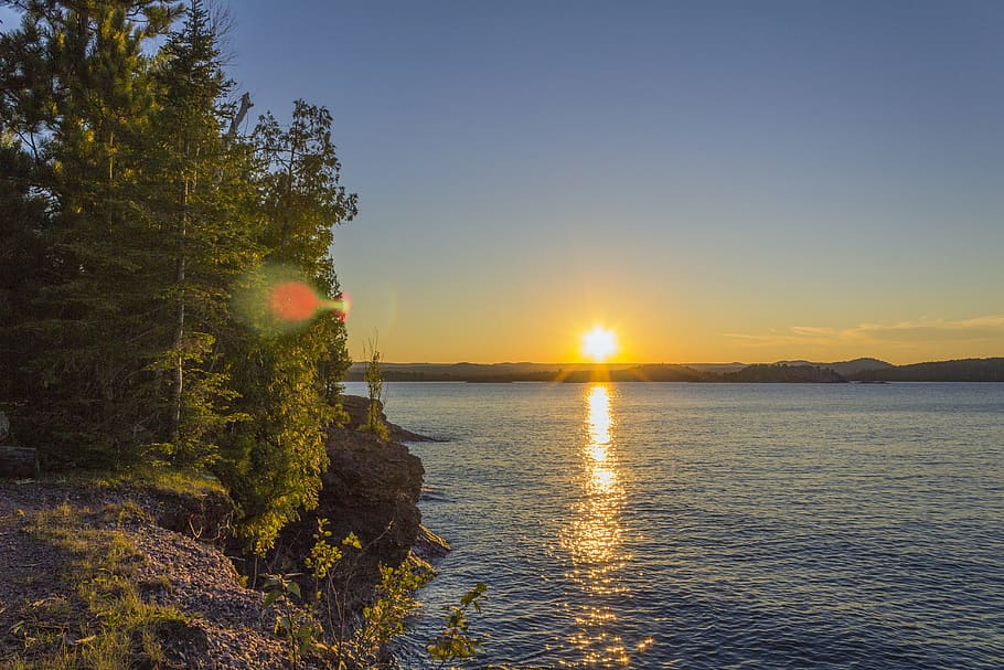 sunset, lake, trees, forest, water, lakes, orange, mountain HD wallpaper