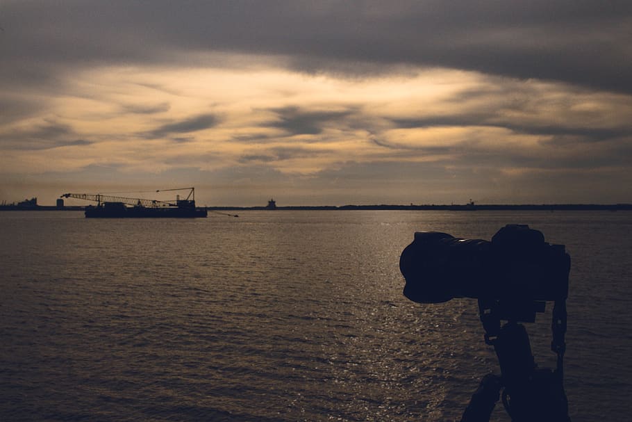 beach, sunset, sea, ship, boat, dslr, horizon, harbor, cloud - sky HD wallpaper