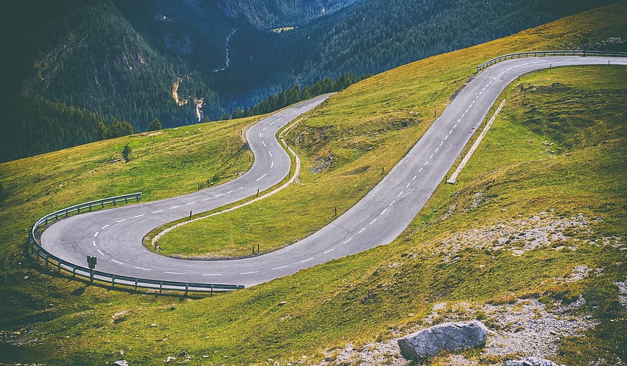 Gray Concrete Road Surrounded by Green Grass, asphalt, curve HD wallpaper