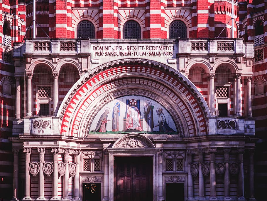 Red Cathedral, arches, architecture, building, catholicism, church HD wallpaper
