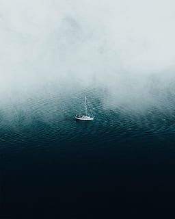 white boat floating on body of water, cloud, mist, fog, drone view HD wallpaper