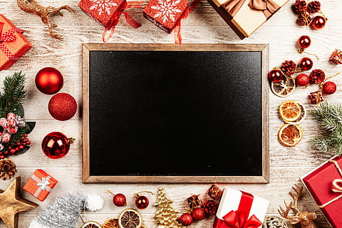 Top View Photography of Blacboard Between Baubles, black, blackboard HD wallpaper