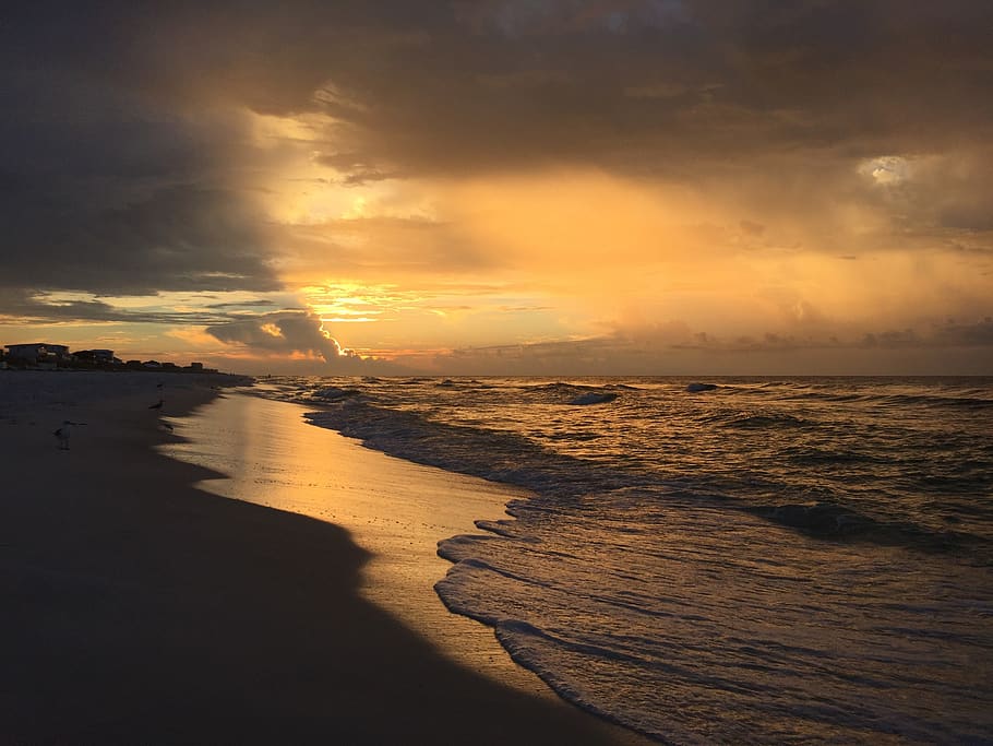 sunset, water, dusk, dawn, sea, beach, seashore, ocean, seascape HD wallpaper