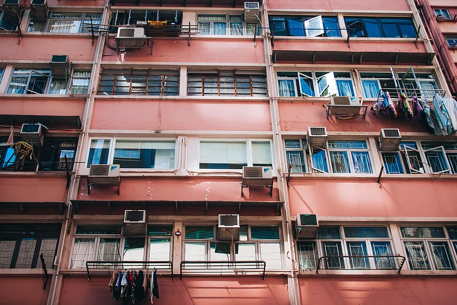 low-angle photography of red building, window, hk, small living space, HD wallpaper