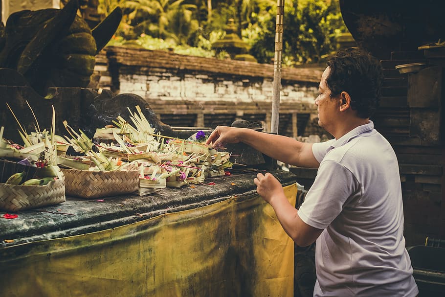 Man Fixing Flower Arrangements, adult, asia, Asian, bali, balinese