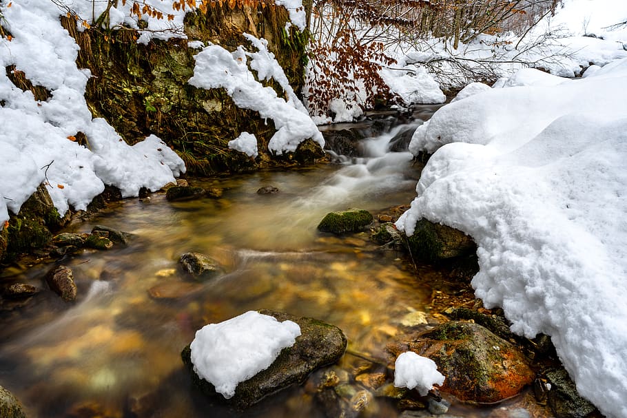 természet, patak, tél, hó, winter, snow, brook, mountains HD wallpaper