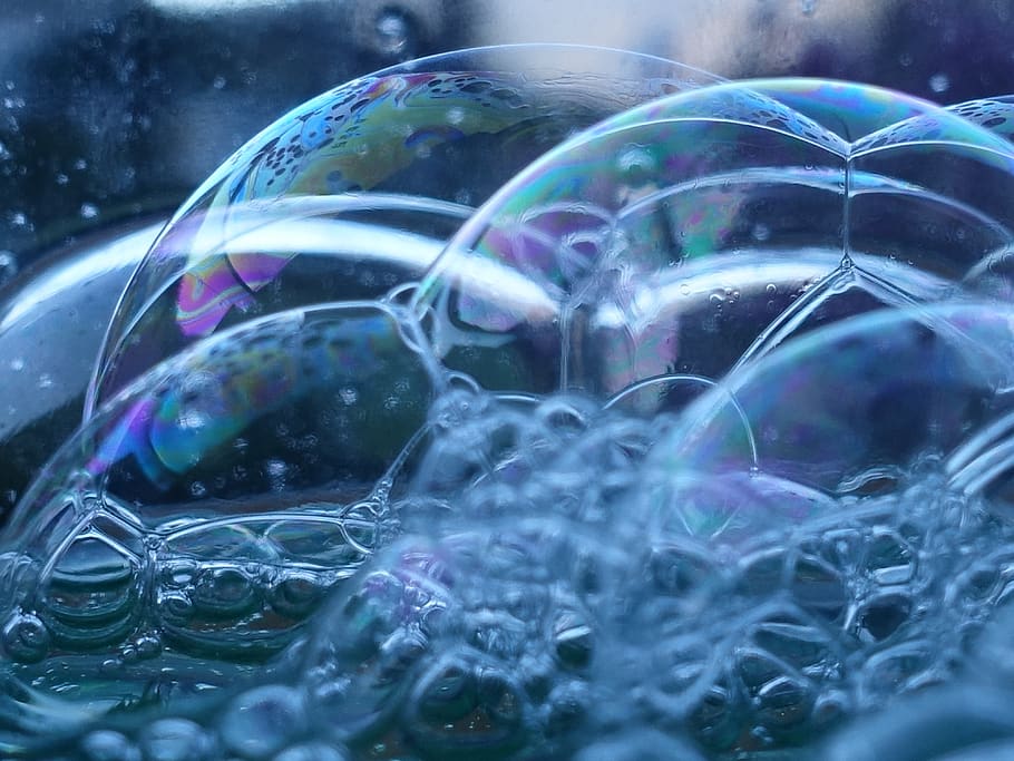 bubbles, pattern, rainbow, blue, texture, sphere, water, nature HD wallpaper