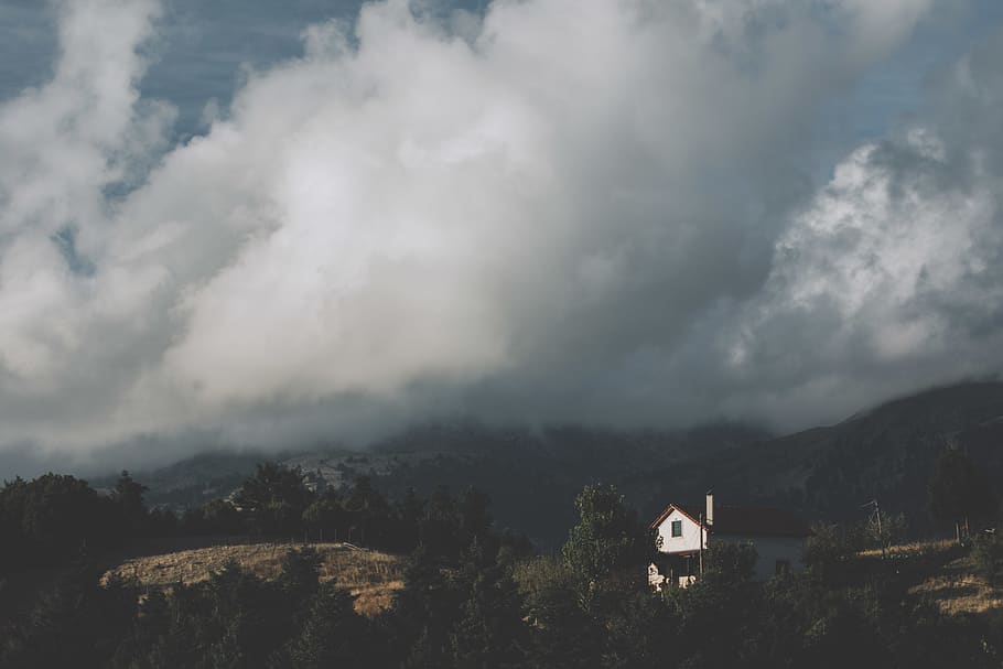 greece, thomeika, sky, clouds, house, forest, nikon, d7200 HD wallpaper