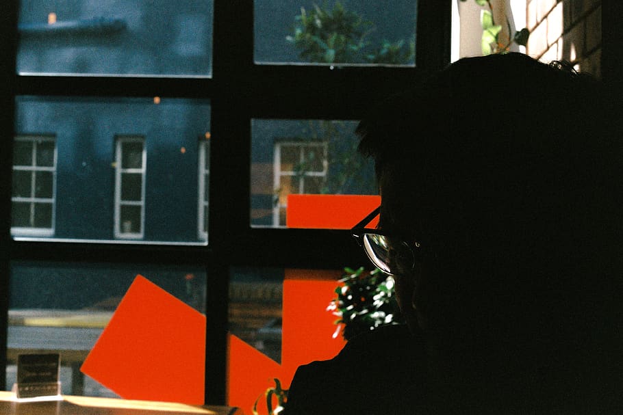 coffeeshop, glasses, profile, shadow, inside, window, architecture HD wallpaper