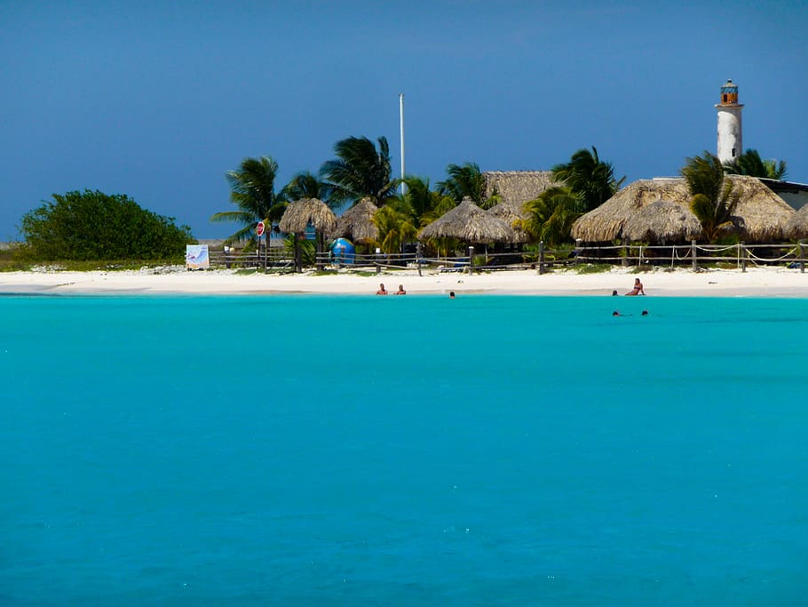 beach, sand, water, tropical, paradise, vacation, huts, swimming HD wallpaper