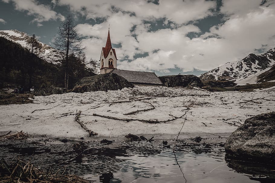 Snow-covered Mountains, adventure, church, clouds, cold, dawn HD wallpaper