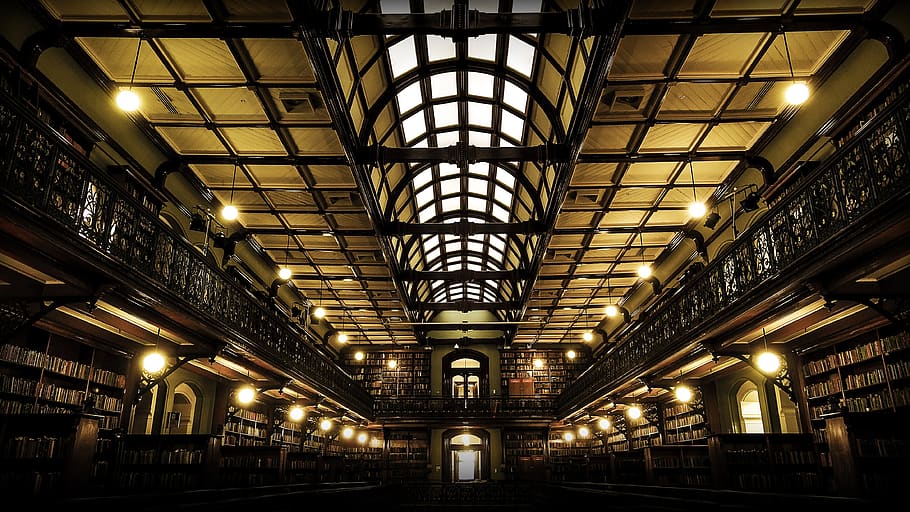 architecture, books, building, dark, indoors, library, lights HD wallpaper