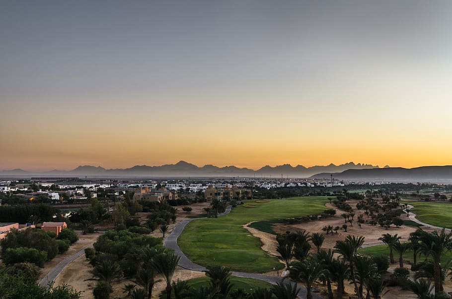 egypt, el gouna golf club, sunset, landscape, haze, palms, palmtrees, HD wallpaper