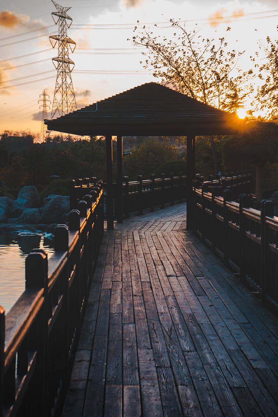 Brown Wooden Gazebo on Pathway, clouds, dawn, daylight, dock HD wallpaper