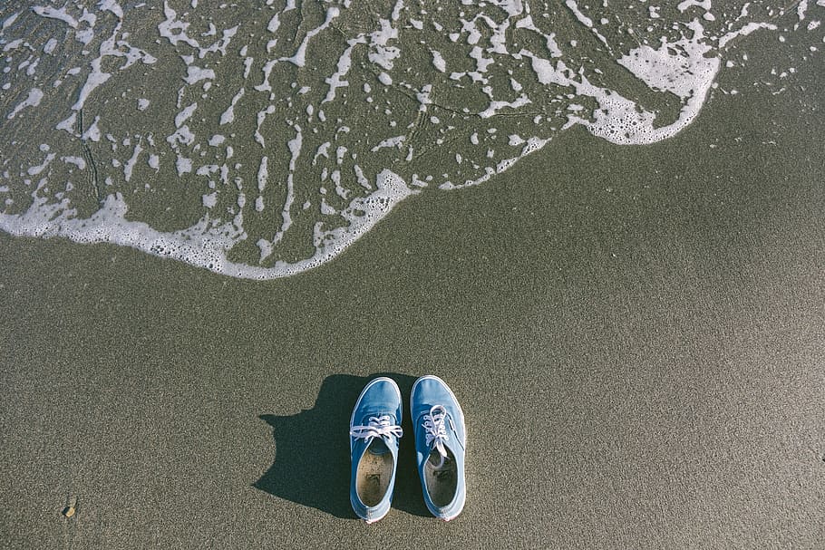 Pair of Blue Shoes Near Body of Water, beach, colors, daytime HD wallpaper