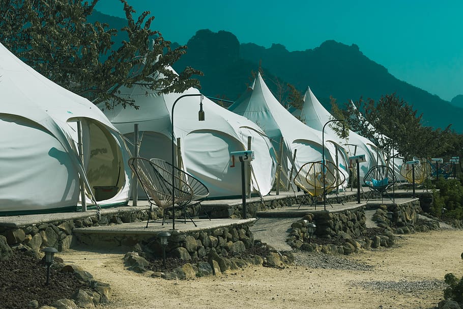 white tents, camping, outdoors, nature, building, rural, shelter HD wallpaper