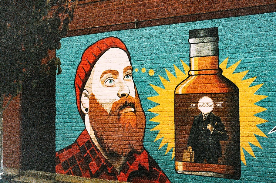 wall, paint, graffiti, man, orange, beard, hat, toque, plaid HD wallpaper