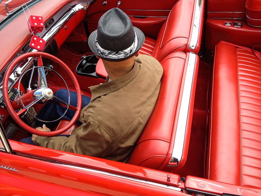 car, vintage, red, mode of transportation, one person, land vehicle HD wallpaper