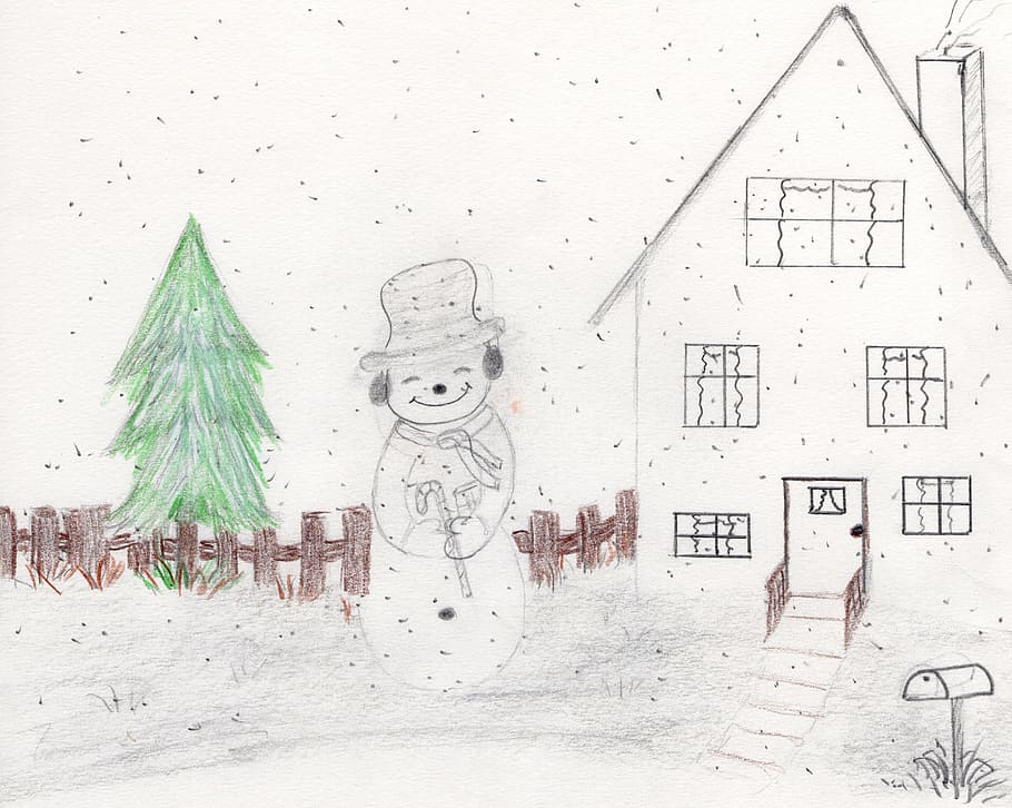 drawing, snowman, winter, house, christmas, handdrawn, architecture HD wallpaper