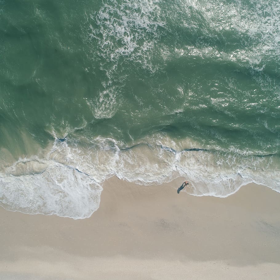 Person on White Sand Beach, environment, high angle shot, horizon HD wallpaper