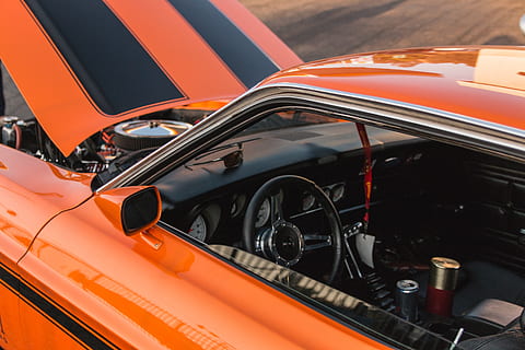 opened orange car engine baty, sports car, bottle, mustang, pinstripe HD wallpaper