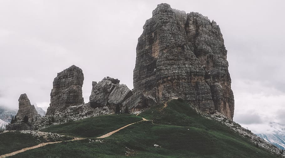 rock formation under cumulus clouds, dolomite, peak, mountain HD wallpaper
